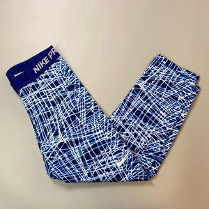 Women's Nike Pro Leggings Cropped M Blue White Geometric Print Dri-Fit Sporty